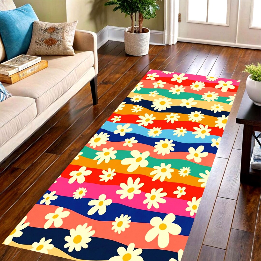 Fun Daisy Rug Rainbow Daisy Runner Rug: Retro Floral Stripe, Machine-washable Non ...