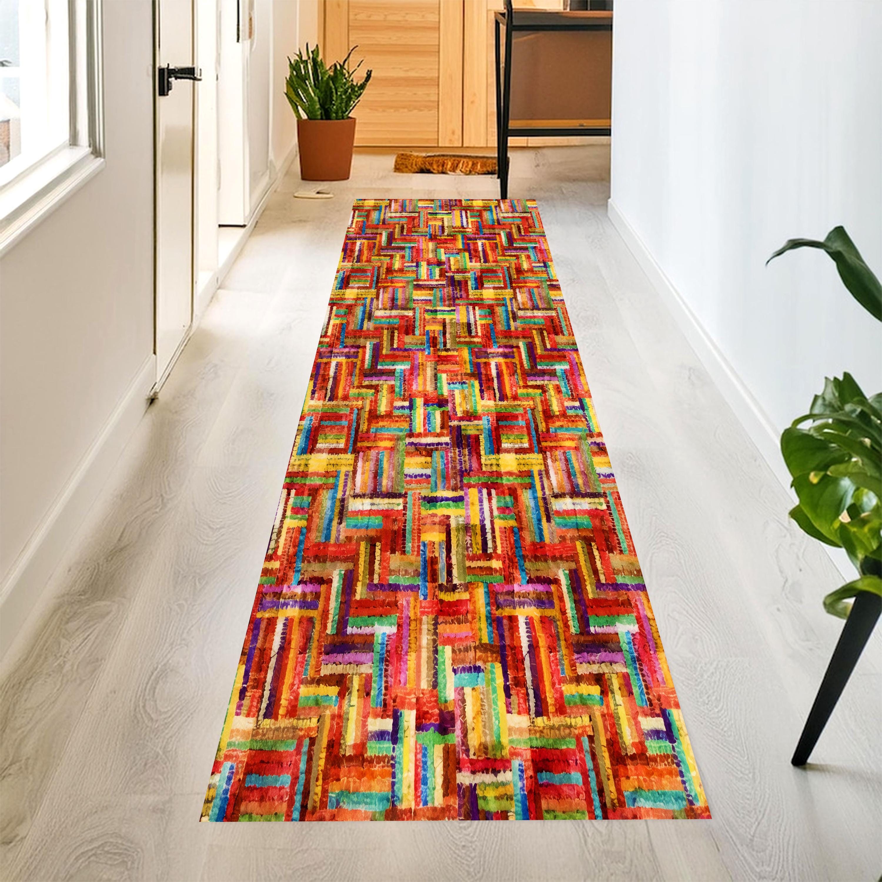 Colorful Boho Patchwork Runner Rug: Geometric Rainbow Hallway Carpet ...