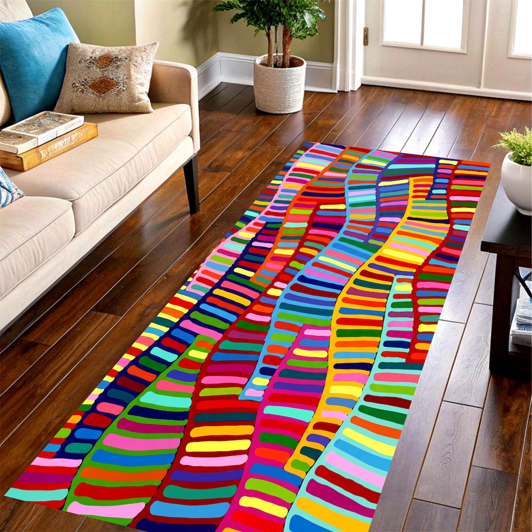 Rainbow Abstract Runner Rug: Colorful Wavy Stripe Hallway Carpet, Non ...