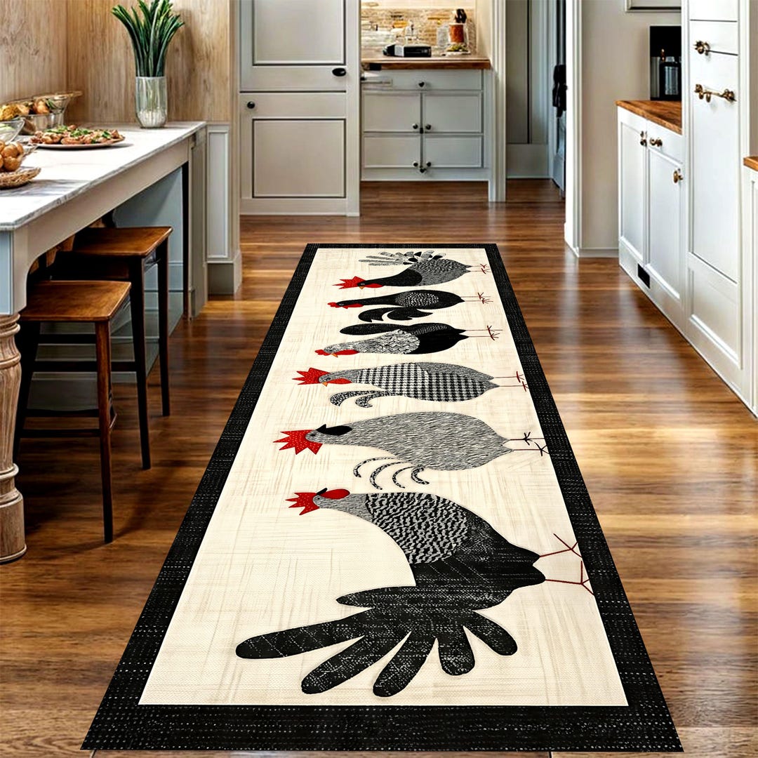 Behg Designs Chicken Rug Farmhouse Chicken Parade Runner Rug: Rooster Hen Kitchen Carpet, Non ...