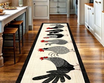 Tappeto da cucina con motivo "Farmhouse Chicken Parade": tappeto da cucina con galli e galline, antiscivolo, lavabile in lavatrice