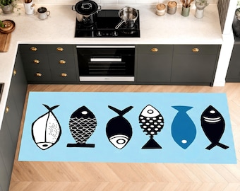 Blue Fish Kitchen Runner Rug: Nautical Hallway Coastal Floor Carpet, Non-Slip Machine-Washable