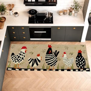 Alfombra de pasillo con estampado de gallinas: Alfombra de estilo rústico para cocina o pasillo, antideslizante y lavable a máquina.
