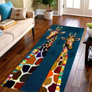 Alfombra de corredor con jirafa colorida: moderna alfombra con estampado animal, antideslizante y lavable a máquina.