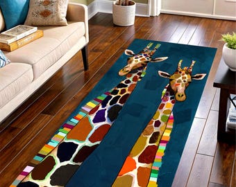 Colorful Giraffe Runner Rug: Modern Animal Art Carpet, Non-Slip Machine-Washable