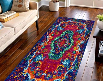 Tapis de passage imprimé bohème coloré : tapis de couloir oriental vif, antidérapant lavable en machine