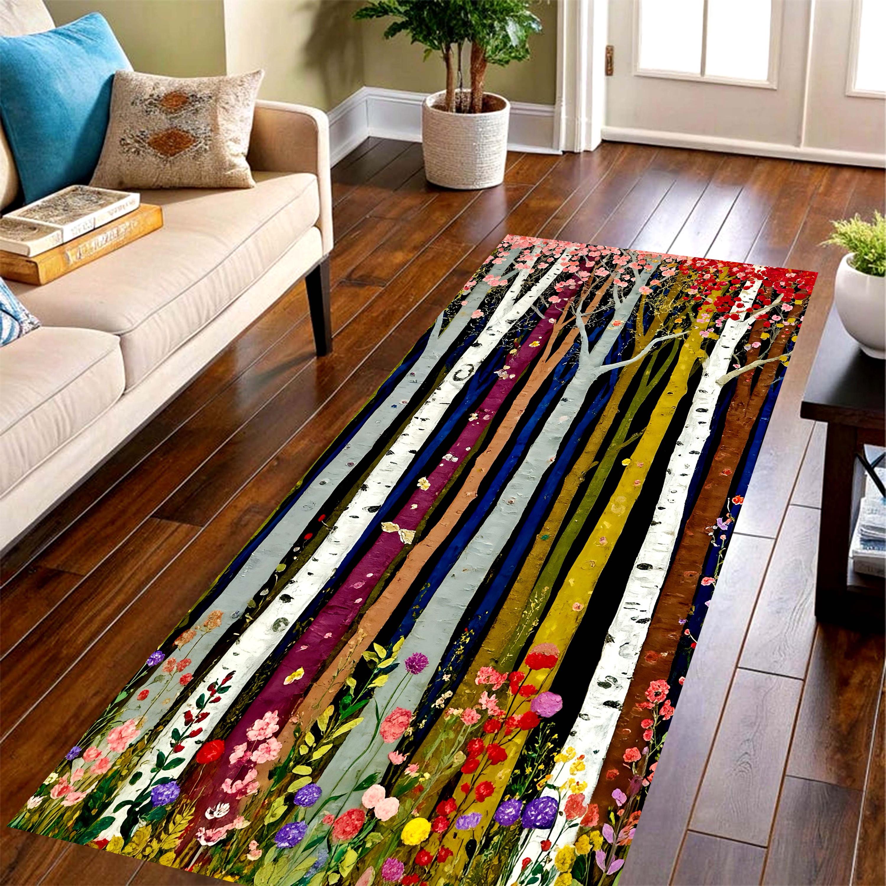 Tree Branch Rugs Colorful Birch Tree Runner Rug: Wildflower Forest Hallway Carpet ...