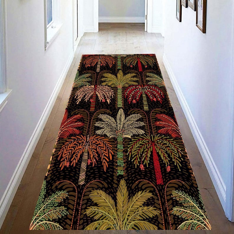 Tropical Palm Tree Long Runner Rug: Dark Boho Jungle Hallway Carpet ...