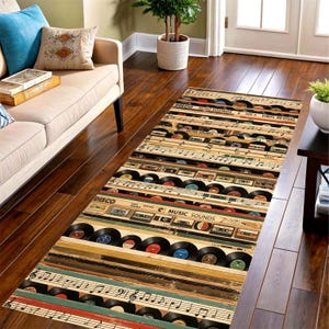 May include: A rectangular rug with a vintage music theme. The rug features rows of vinyl records, cassette tapes, and musical notes. The colour palette includes brown, black, red, and beige. Text on the rug includes "DISCO", "RETRO SOUNDS", and "MUSIC SOUNDS".