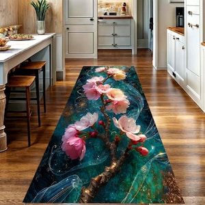 Teal Cherry Blossom Runner Rug: Japanese Floral Hallway Carpet, Non-Slip Machine-Washable
