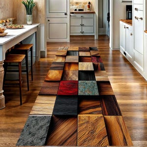 May include: A rectangular floor runner rug featuring a grid pattern of various square tiles. The design displays diverse textures and colors, including natural wood grains, deep red, charcoal black, and a weathered teal stone-like finish.