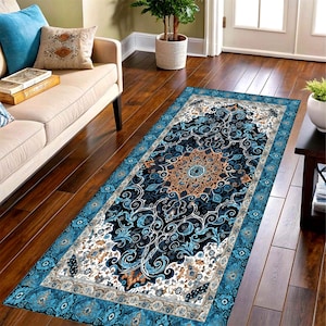 Blue Anatolian Pattern Printed Runner Rug: Turquoise Medallion Hallway Carpet, Non-Slip Machine-Washable