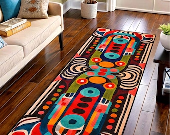 Abstract Geometric Printed Runner Rug: Color Block Bauhaus Modern Floor Decor, Machine-Washable Non-Slip