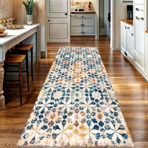 Blue Zellige Pattern Printed Runner Rug: Distressed Mosaic Carpet, Non-Slip Machine-Washable