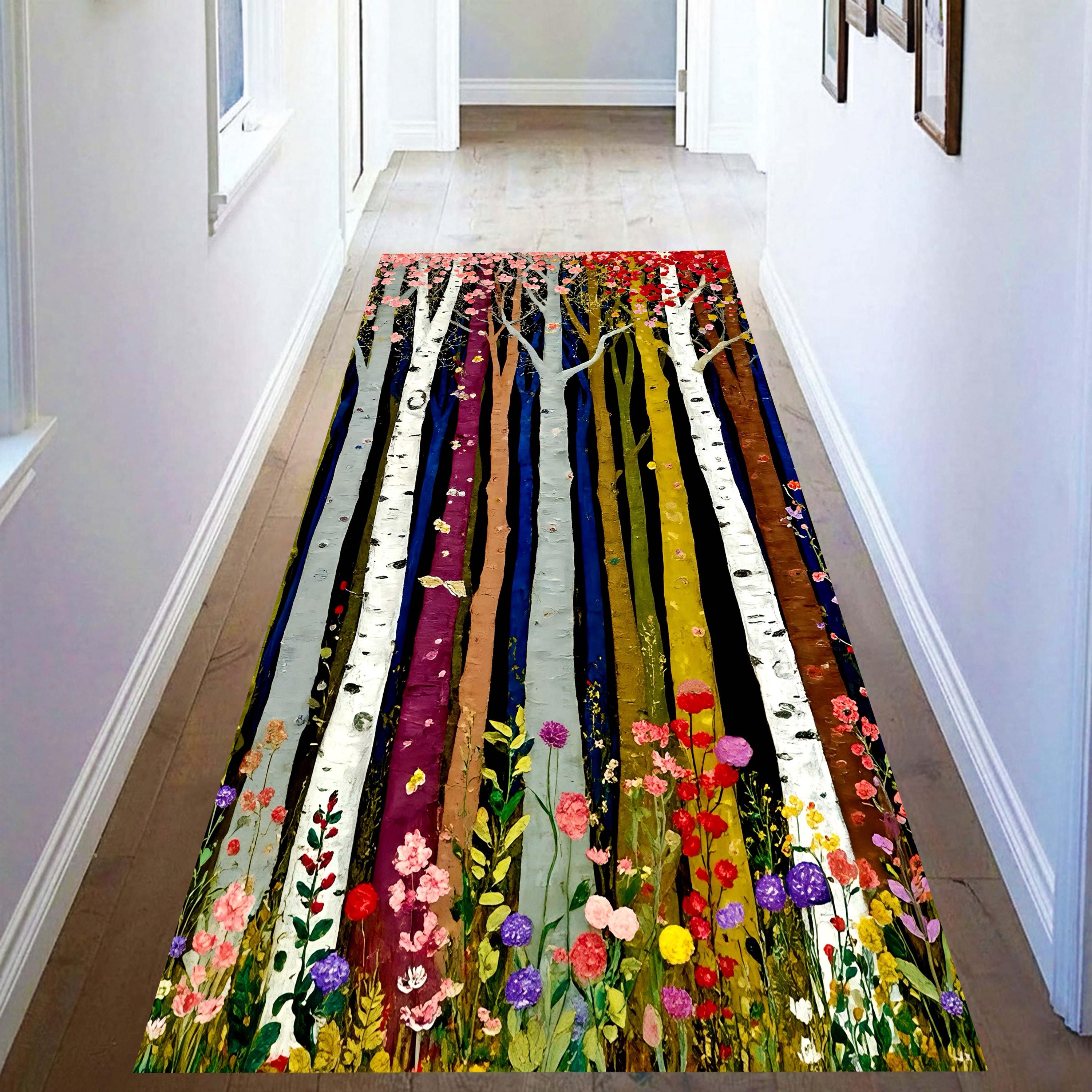 Tree Branch Rugs Colorful Birch Tree Runner Rug: Wildflower Forest Hallway Carpet ...