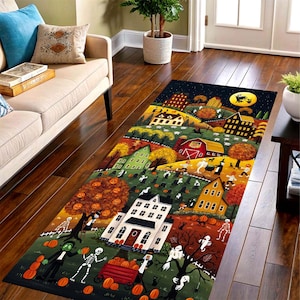 Alfombra de pasillo con diseño de pueblo de Halloween: Alfombra de pasillo con temática de granja embrujada, antideslizante y lavable a máquina.