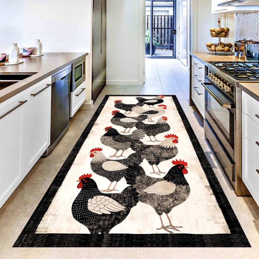 Barnyard Rooster Kitchen Runner Rug: Black White Farmhouse ...