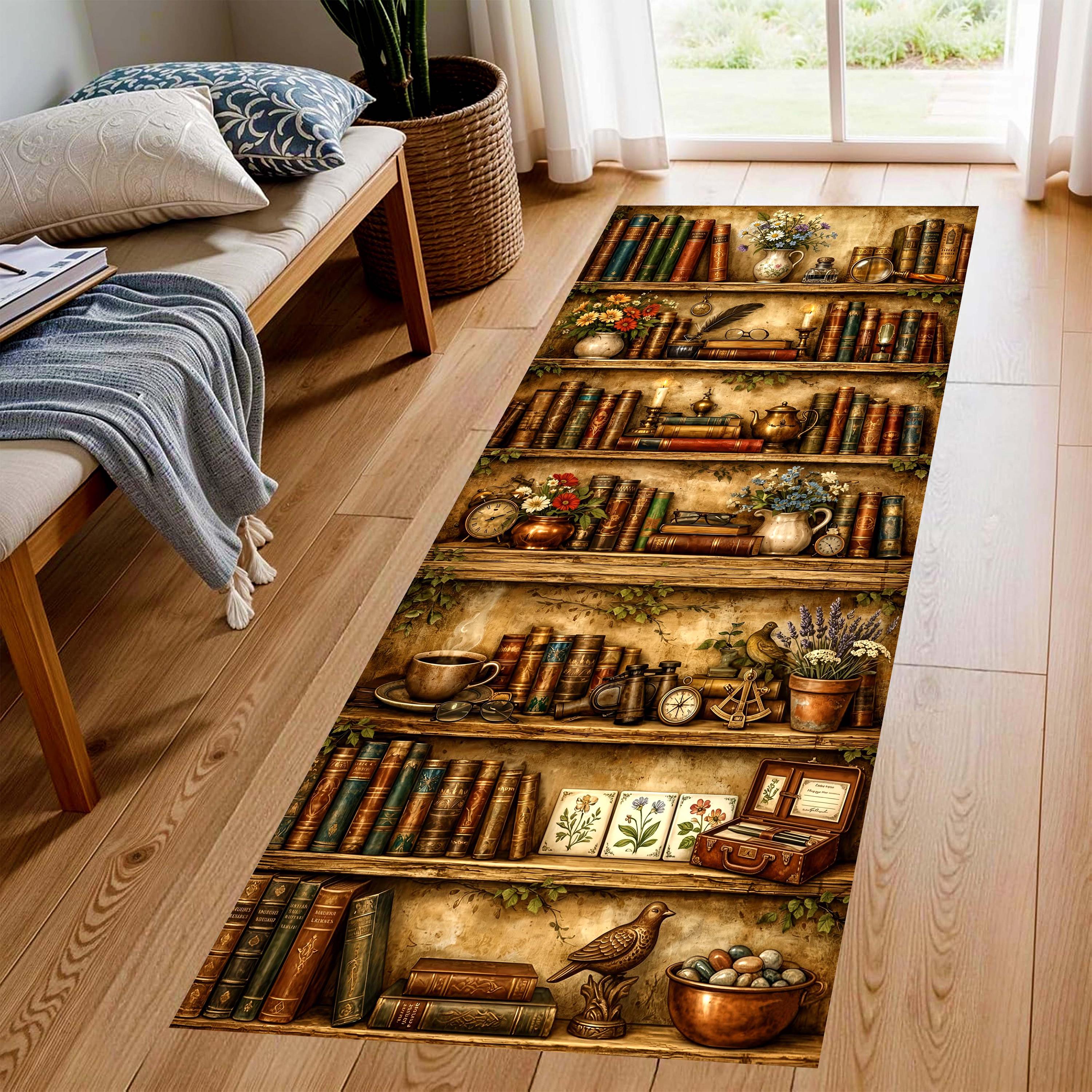Vintage Library Bookshelf Runner Rug: Botanical Reading Nook Hallway ...