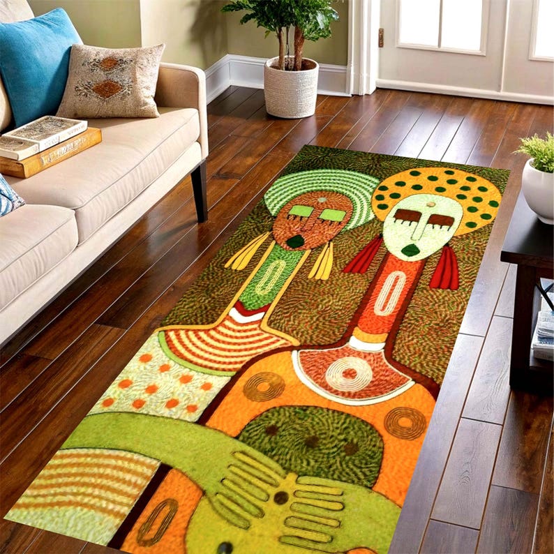 Unique Runner Rugs Abstract Tribal Figures Folk Art Printed Runner Rug: Colorful Modern ...