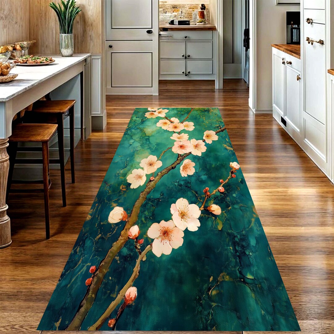 Sakura Rug Teal Sakura Blossom Runner Rug: Japanese Floral Hallway Carpet, Non ...