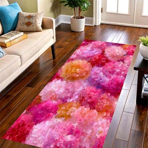 Alfombra de pasillo con diseño floral rosa: peonía abstracta, antideslizante y lavable a máquina.