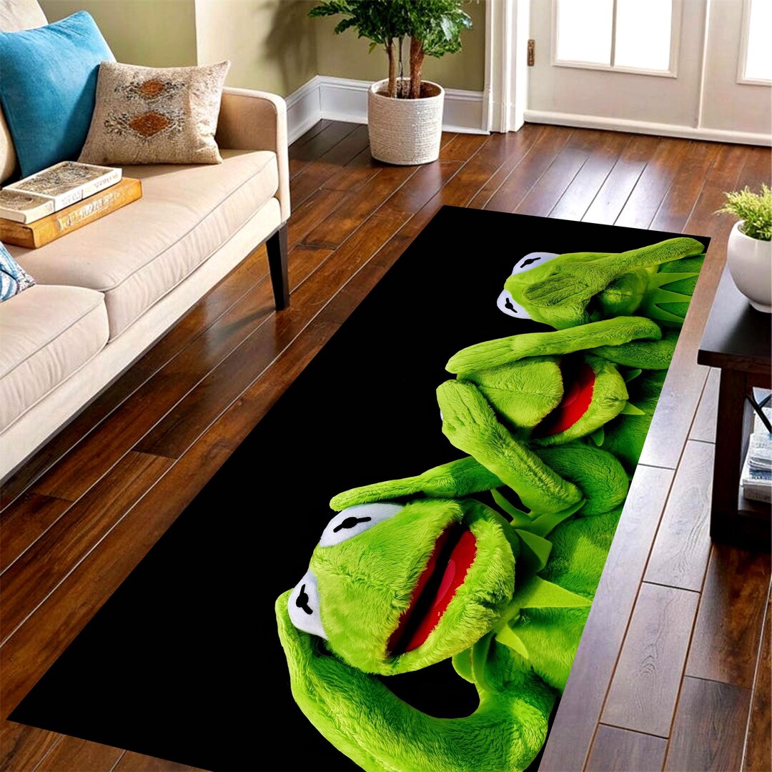 Funny Frog Meme Runner Rug: Green Puppet Face on Black Carpet, Non-slip ...