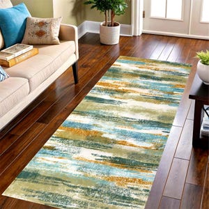 Teal Mustard Abstract Runner Rug: Modern Brushstroke Area Carpet, Non-Slip Machine-Washable