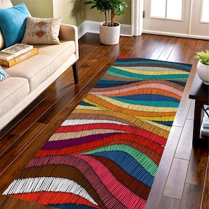 Color Wave Runner Rug: Abstract Stripe Mosaic Hallway Kitchen Carpet, Non Slip Washable