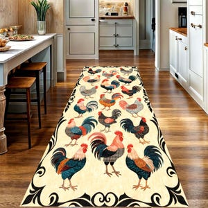 May include: A long rectangular runner rug featuring a repeating pattern of colorful roosters in shades of red, blue, and grey against a cream background, framed by a decorative black scrollwork border along the edges of the floor covering.
