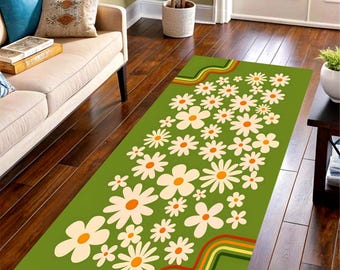 Retro Daisy Runner Rug in Sage Green: Floral Kitchen Hallway Carpet, Non-Slip Machine-Washable