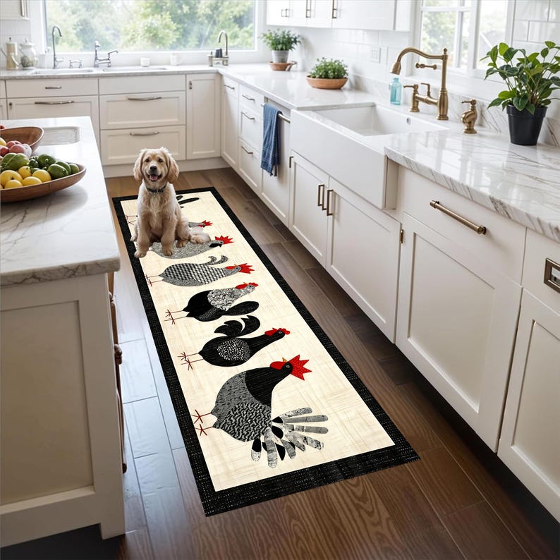 Hen Rug Farmhouse Chicken Parade Runner Rug: Rooster Hen Kitchen Carpet, Non ...