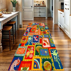 May include: A colorful rectangular rug with a repeating pattern of various images, including tigers, leopards, birds, and palm trees. The rug features a vibrant mix of colors, including red, blue, green, and yellow, creating a bold and eye-catching design.