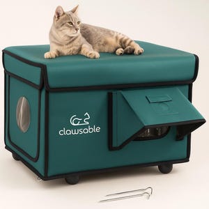 Clawsable Outdoor Insulated Cat House with Low-Energy Heater, Stray Cats Shelter with One-Way Magnetic Door & Openable Roof,Dark Green