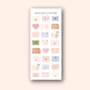 May include: A sticker sheet with illustrations of envelopes and hearts in pastel shades. Some envelopes have heart details, others are tied with string or decorated with lavender. The text "dreamjournalshop" is at the top of the sheet.