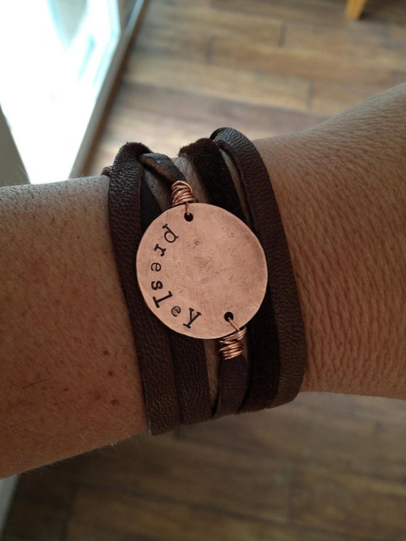 Items similar to Personalized hand stamped bracelet with leather on Etsy