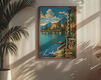 Comomeer, Italië kunstafdruk: uitzicht op villa aan het meer (digitale download)