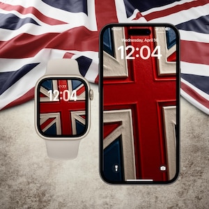 Puede incluir: Un Apple Watch blanco con un diseño de Union Jack en la esfera, que muestra la hora 12:04. El reloj está al lado de un iPhone negro con un diseño de Union Jack similar en la pantalla, que muestra la hora 12:04 y la fecha miércoles 16 de abril.