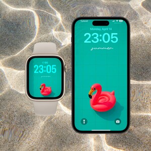 May include: A white Apple Watch with a turquoise face displaying the time 23:05 and the word "summer". The watch is next to a black iPhone with a turquoise screen displaying the time 23:05, the date Monday, April 14, and the word "summer". A pink flamingo pool float is on the iPhone screen.