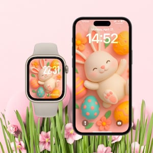 Puede incluir: Un fondo rosa con un conejo blanco y huevos de Pascua coloridos. El conejo está acostado de espaldas con las patas en el aire. La imagen está en la pantalla de un teléfono con la hora 14:52. Hay una imagen coincidente en un reloj inteligente con la hora 22:31.