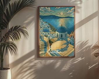 Santorini Print: Blue & White Greek Island Art (Digital Download)