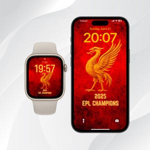Puede incluir: Un fondo de pantalla de teléfono rojo y dorado con un diseño de pájaro estilizado y el texto "2025 EPL CHAMPIONS". La hora es 20:07. Una esfera de reloj a juego muestra la hora como 19:57 con el mismo diseño.