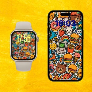 Kawaii stickercollage kleurrijk behang voor iPhone en Apple Watch, leuke generatie Z Aesthetic Digital Download