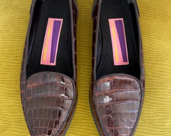 Vintage Crocodile Embossed Leather Loafers | Susan Bennis Warren Edwards, Size 9