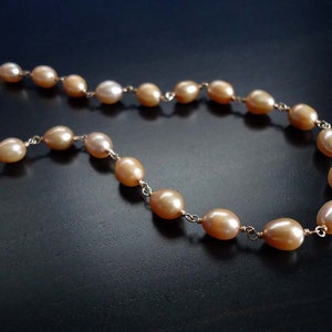 Pearl Necklace, Peach, Freshwater Pearl, June Birthstone Wire Wrapped, 14kt Gold Filled