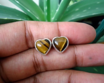 Tigers Eye Stud Earrings, Heart Shaped, Sterling Silver