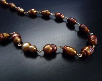 Pearl Necklace, Bronze Pearl, Freshwater Pearl, Wire Wrapped, June Birthstone, 14kt Gold Filled