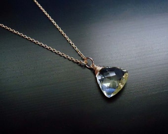 Lemon Quartz Necklace, Wire Wrapped, Briolette Pendant, Gemstone Jewelry, 14kt Gold Filled