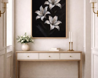 Elegant White Lilies on midnight - Floral wall art