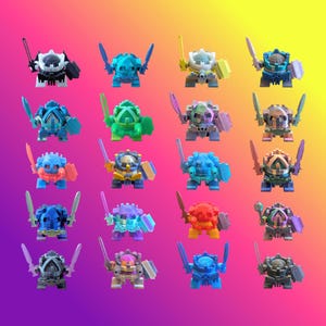 May include: A collection of sixteen colorful toy knight figurines. Each knight has a unique color scheme, with swords and shields. The knights are arranged on a gradient background of yellow, orange, purple, and pink.