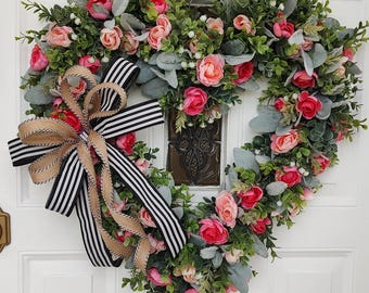 Mothers Day gifts, Heart Wreath, Pink Roses, Greenery, Spring Door Decor, Farmhouse Style